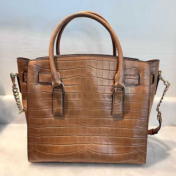Michael Kors Hamilton Camel Crossbody “Crocodile” Leather Brown Satchel Purse Ex - Picture 3 of 5